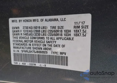 2018 Honda Odyssey Ex-L из США, поврежденный, VIN 5FNRL6H75JB068929